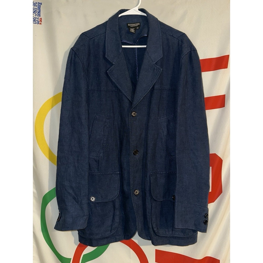 J Peterman Company Linen Blazer Mens 40 Navy Blue Unstructured